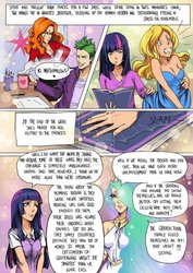 Size: 751x1063 | Tagged: safe, artist:11thinv, artist:grayscaled, carrot top, golden harvest, princess celestia, spike, twilight sparkle, g4, comic, humanized