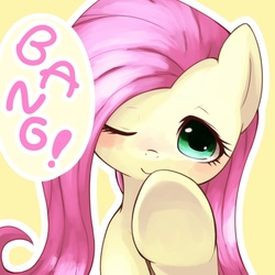 Size: 800x800 | Tagged: safe, artist:pukapukapu, fluttershy, pony, g4, bang, blushing, cowboy bebop, cute, female, fourth wall, looking at you, one eye closed, screen, shyabetes, smiling, solo