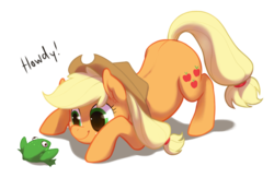 Size: 1280x832 | Tagged: safe, artist:purmu, applejack, frog, g4, dilated pupils, full body, howdy, simple background, transparent background