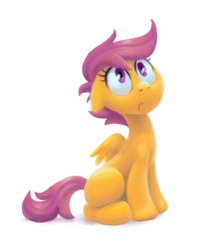 Size: 1000x1237 | Tagged: safe, artist:kaermter, scootaloo, pegasus, pony, g4, blank flank, female, filly, floppy ears, foal, hooves, lineless, simple background, sitting, solo, spread wings, transparent background, wings