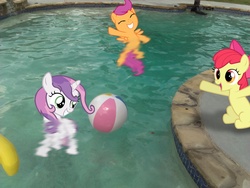 Size: 2048x1536 | Tagged: safe, artist:tokkazutara1164, apple bloom, scootaloo, sweetie belle, g4, cutie mark crusaders, irl, photo, ponies in real life, swimming, swimming pool, wet mane