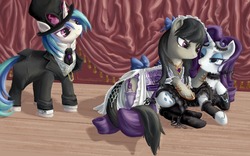 Size: 1280x799 | Tagged: safe, dj pon-3, octavia melody, rarity, vinyl scratch, earth pony, pony, unicorn, g4, arm warmers, bow, clothes, collar, dress, fancy, female, hat, jewelry, lesbian, necklace, raritavia, socks, stockings, suit, thigh highs, top hat