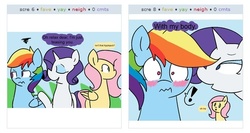 Size: 549x292 | Tagged: safe, artist:raincupcake, fluttershy, rainbow dash, rarity, g4, exploitable meme, female, juxtaposition, juxtaposition win, lesbian, meme, ship:raridash, shipping, tumblr