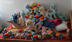 Size: 900x524 | Tagged: safe, artist:pinkuart, derpy hooves, dj pon-3, fluttershy, lyra heartstrings, rainbow dash, twilight sparkle, vinyl scratch, human, g4, bald, irl, irl human, photo, plushie, sleeping, toy