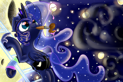 Size: 6000x4000 | Tagged: safe, artist:carligercarl, princess luna, alicorn, pony, female, ladder, moon, mouth hold, night, paint, paintbrush, solo, space, stars, tangible heavenly object, working