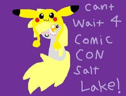 Size: 444x341 | Tagged: safe, artist:lizfoxyartis, derpy hooves, pikachu, g4, comic con, cosplay, female, solo