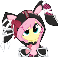 Size: 3289x3212 | Tagged: safe, artist:longren, artist:oathkeeper21, edit, fluttershy, pegasus, pony, g4, bunny ears, bunny ears hoodie, bunnyshy, clothes, cute, female, hoodie, mare, pink hair, pink mane, shyabetes, simple background, smiling, solo, teal eyes, transparent background, yellow coat, yellow fur, yellow pony