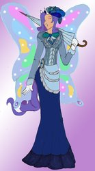 Size: 667x1198 | Tagged: safe, artist:kathalia, rarity, human, g4, butterfly wings, clothes, dress, eared humanization, eyes closed, glimmer wings, horn, horned humanization, humanized, solo, sparkly wings, tailed humanization, umbrella