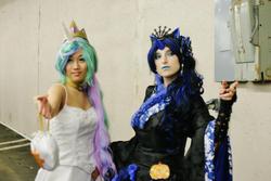 Size: 960x640 | Tagged: safe, artist:masquerade-de-vega, artist:okami-chan1023, artist:the-winter-cosplayer, nightmare moon, princess celestia, princess luna, human, g4, aki con, cosplay, irl, irl human, photo