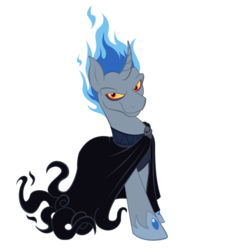 Size: 2409x2572 | Tagged: safe, artist:icelion87, pony, unicorn, greek mythology, hades, hercules, hoof shoes, male, mane of fire, ponified, simple background, smiling, solo, stallion, transparent background