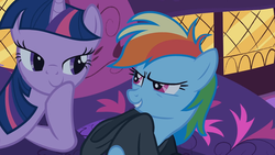 Size: 1280x720 | Tagged: safe, screencap, rainbow dash, twilight sparkle, pegasus, pony, unicorn, g4, read it and weep, clothes, duo, grin, lidded eyes, night, out of context, outdoors, smiling, sneaking suit, unicorn twilight