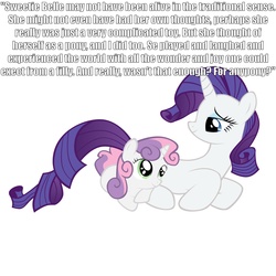 Size: 2236x2236 | Tagged: safe, rarity, sweetie belle, pony, robot, robot pony, unicorn, g4, cuddling, cute, diasweetes, fanfic, female, filly, foal, hooves, horn, image macro, lying down, mare, sisters, smiling, snuggling, sweetie bot, text