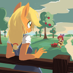 Size: 1024x1024 | Tagged: safe, artist:karzahnii, apple bloom, applejack, earth pony, anthro, g4, apple, basket, fence, sweet apple acres