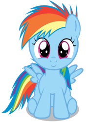 Size: 4400x6171 | Tagged: dead source, safe, artist:chubble-munch, rainbow dash, pegasus, pony, g4, absurd resolution, c:, cute, dashabetes, female, filly, filly rainbow dash, looking at you, simple background, sitting, smiling, solo, spread wings, transparent background, vector