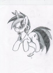 Size: 762x1049 | Tagged: safe, artist:digitaldomain123, dj pon-3, vinyl scratch, g4, female, monochrome, solo, traditional art