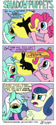 Size: 2000x4478 | Tagged: safe, artist:daringdashie, bon bon, lyra heartstrings, pinkie pie, sweetie drops, g4, comic, discworld, shadow