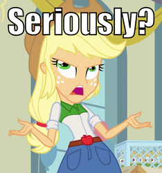 Size: 562x600 | Tagged: safe, applejack, equestria girls, g4, female, image macro, solo