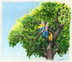 Size: 2196x1889 | Tagged: safe, artist:syncallio, buzzer (g1), butterfly, g1, g4, female, g1 to g4, generation leap, solo, summer wing ponies, traditional art, tree