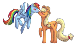 Size: 1296x788 | Tagged: safe, artist:malicieuxx, applejack, rainbow dash, earth pony, pegasus, pony, g4, blushing, duo, eyes closed, female, floating, kiss on the lips, kissing, lesbian, mare, ship:appledash, shipping