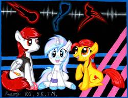 Size: 1407x1074 | Tagged: safe, artist:rammzblood, oc, oc only, earth pony, pegasus, pony, unicorn, female, mare, sitting