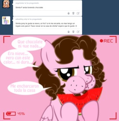 Size: 1236x1257 | Tagged: safe, artist:shinta-girl, oc, oc only, oc:shinta pony, ask, eating, herbivore, solo, spanish, translated in the description, tumblr, watermelon