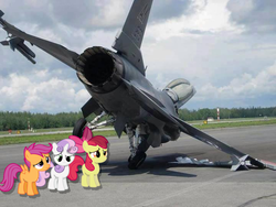 Size: 720x540 | Tagged: safe, artist:kartracer17, apple bloom, scootaloo, sweetie belle, g4, aircraft, cutie mark crusaders, f-16 fighting falcon, fail, irl, jet, jet fighter, photo, plane, ponies in real life