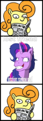 Size: 520x1442 | Tagged: safe, carrot top, golden harvest, twilight sparkle, earth pony, pony, g4, derp, exploitable meme, female, lost, mare, meme, newspaper meme, twilight snapple