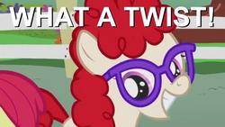 Size: 640x360 | Tagged: safe, twist, earth pony, pony, g4, female, filly, glasses, grin, image macro, looking at you, pun, reaction image, smiling, solo focus, what a twist