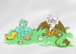 Size: 1400x1000 | Tagged: safe, artist:cider, gilda, lightning dust, griffon, pegasus, pony, g4, craft, gildust, messy, paste, ruffled feathers, wing hands