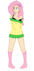 Size: 363x750 | Tagged: safe, artist:sallymon, fluttershy, human, g4, blushing, bottomless, bra, clothes, female, humanized, off shoulder, socks, solo, sweater, sweatershy, underwear