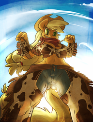 Size: 1149x1500 | Tagged: safe, artist:atryl, applejack, earth pony, anthro, g4, applebucking thighs, backlighting, belly button, breasts, busty applejack, chaps, clothes, cowboy hat, cowgirl, cowprint, female, front knot midriff, green eyes, hat, lasso, low angle, midriff, ponytail, pov, rope, solo, underass