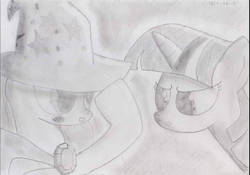 Size: 1291x906 | Tagged: safe, artist:unlicensedbrony, trixie, twilight sparkle, g4, blushing, female, lesbian, ship:twixie, shipping, traditional art