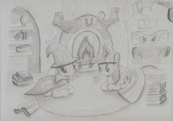 Size: 1066x749 | Tagged: safe, artist:unlicensedbrony, trixie, twilight sparkle, g4, book, female, fireplace, lesbian, library, ship:twixie, shipping, tea, traditional art