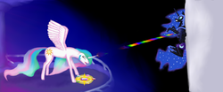 Size: 1024x424 | Tagged: safe, artist:lordpsychos, nightmare moon, princess celestia, g4, banishment, elements of harmony