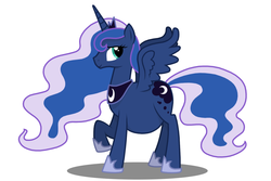 Size: 1024x683 | Tagged: safe, artist:irateliterate, princess luna, alicorn, pony, g4, belly, female, mare, pregnant, raised hoof, simple background, smiling, solo, spread wings, standing, white background