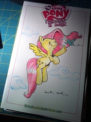 Size: 538x720 | Tagged: safe, artist:katie cook, idw, fluttershy, bird, g4, comic cover, traditional art