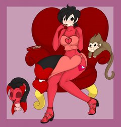 Size: 1229x1280 | Tagged: safe, artist:kloudmutt, oc, oc only, oc:sweet valentina, human, monkey, blushing, chocolate, clothes, couch, high heels, looking at you, masking, ponyrumi, sandals