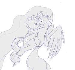 Size: 800x746 | Tagged: safe, artist:jalm, princess celestia, rarity, g4, bedroom eyes, eyes closed, female, flying, hug, imminent kissing, lesbian, monochrome, ship:rarilestia, shipping, smiling, spread wings