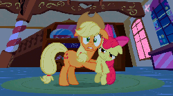 Size: 960x540 | Tagged: safe, screencap, apple bloom, applejack, earth pony, pony, bridle gossip, g4, animated, annoyed, duo, female, filly, floppy ears, holding a pony, mare, scared, shaking, shivering, shove, sisters, wide eyes