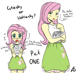 Size: 1324x1271 | Tagged: safe, artist:acesrockz, fluttershy, equestria girls, g4, anime, blushing, comparison, dialogue, nervous, scene interpretation, shy, working