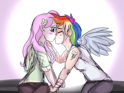 Size: 800x600 | Tagged: safe, artist:warriorshats, fluttershy, rainbow dash, human, g4, crying, female, humanized, kiss on the lips, kissing, lesbian, ship:flutterdash, shipping