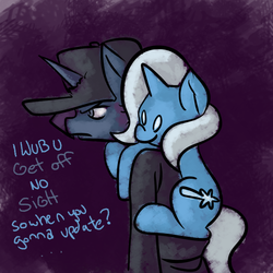 Size: 1000x1000 | Tagged: safe, artist:fauxsquared, princess luna, trixie, luna-afterdark, g4, hug, piggyback ride