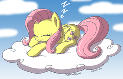 Size: 1000x646 | Tagged: safe, artist:tobibrocki, fluttershy, pegasus, pony, g4, :t, cloud, cloudy, cute, eyes closed, female, mare, prone, shyabetes, signature, sky, sleeping, smiling, solo, zzz