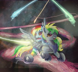 Size: 3309x3064 | Tagged: safe, artist:owlvortex, rainbow dash, oc, oc:wheely bopper, original species, wheelpone, g4, riding, shooting star