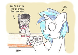 Size: 1024x721 | Tagged: safe, artist:bobthedalek, dj pon-3, octavia melody, vinyl scratch, cow, earth pony, pony, unicorn, g4, apple, card, duo, female, game, house