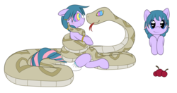 Size: 1280x675 | Tagged: safe, artist:fluffyxai, oc, oc only, oc:berry twist, pony, snake, blushing, coils, diaper, diaper fetish, hypnotized, imminent vore, kaa, kaa eyes, mind control, non-baby in diaper, poofy diaper, simple background, tongue out, transparent background