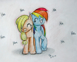 Size: 2835x2289 | Tagged: safe, artist:babileilei, applejack, rainbow dash, g4, female, lesbian, ship:appledash, shipping, traditional art