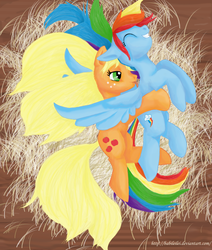 Size: 3042x3592 | Tagged: safe, artist:babileilei, applejack, rainbow dash, g4, eyes closed, female, grin, hay, lesbian, licking, ship:appledash, shipping, smiling