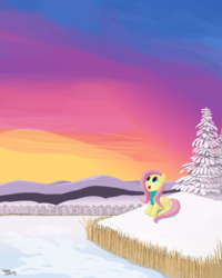 Size: 1540x1925 | Tagged: safe, artist:shiropoint, fluttershy, g4, clothes, female, scarf, snow, solo, winter