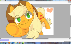 Size: 1280x800 | Tagged: safe, artist:sion, applejack, g4, computer, female, fourth wall, heart, hoofbump, looking at you, pixiv, solo, underhoof